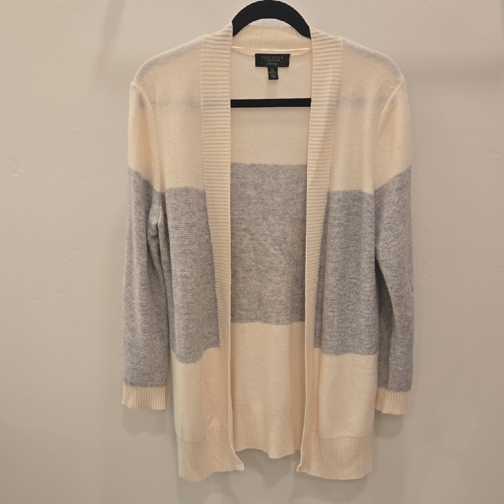 Charter Club Cream and Gray Striped Cardigan